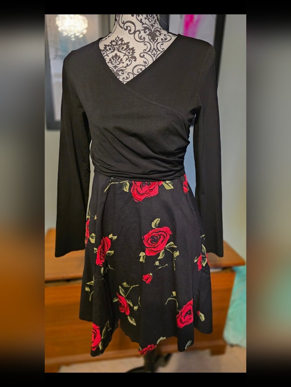 Chic Black Long Sleeve Dress with Red Floral Design